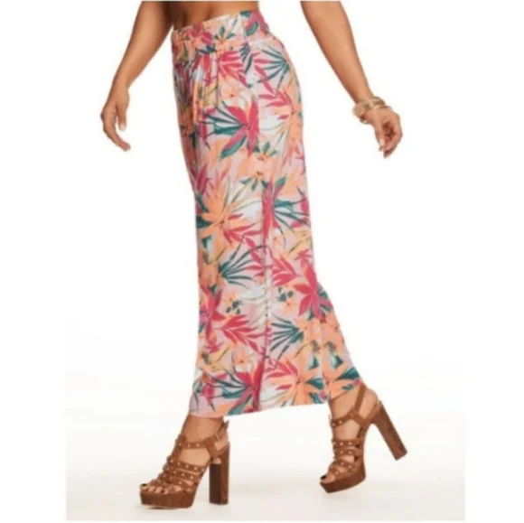 Jessica Simpson Pink Floral Wide Leg Cropped Pants Sz L ResortWear Lagenlook - Picture 2 of 10